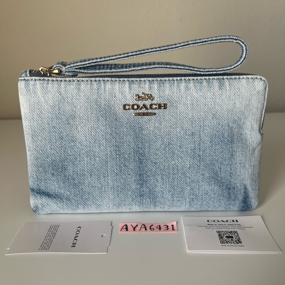 Coach Light Denim Wristlet Clutch with Gold Logo - Picture 2 of 8